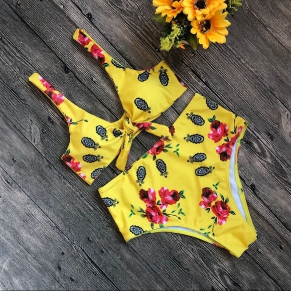 Other - Yellow Floral Print High Leg- Bikini